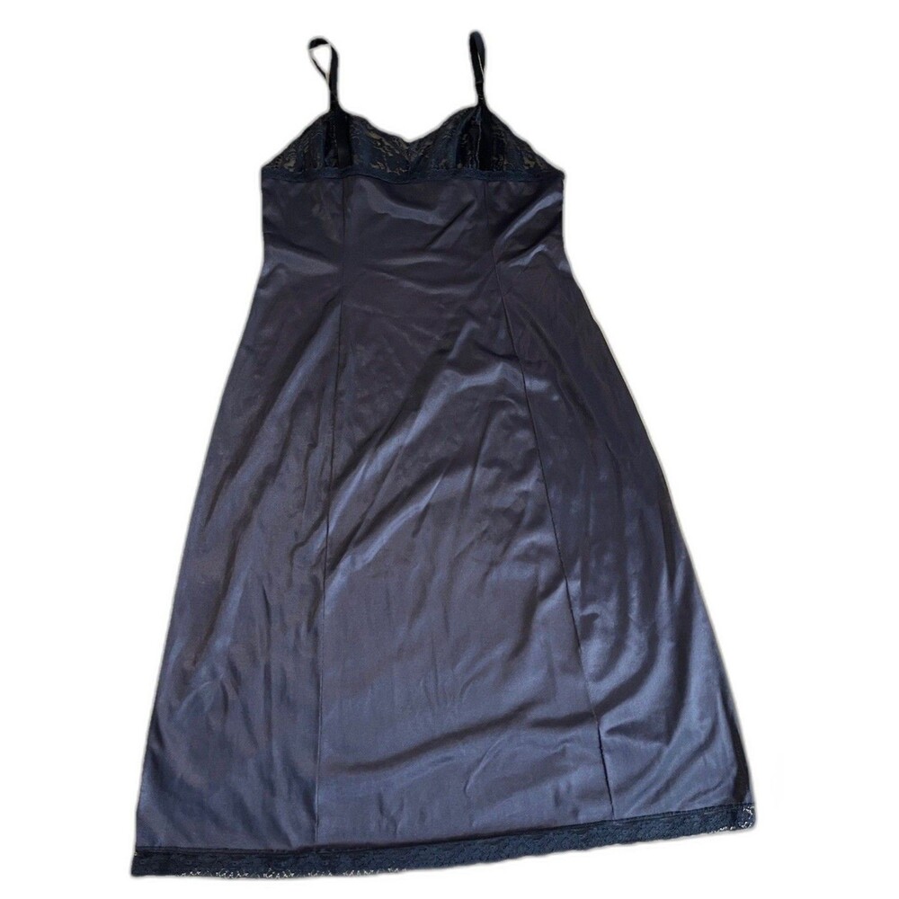 VTG Wonder Maid Nightgown SLIP Navy Black Satin Full Slip Lace SZ 38 Negligee